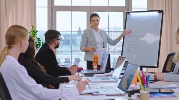 In conferentieruimte geven zakenvrouw teamleider een training presentatie aan haar collega met behulp van het whiteboard geeft ze nieuwe leiderschap ideeën — Stockvideo