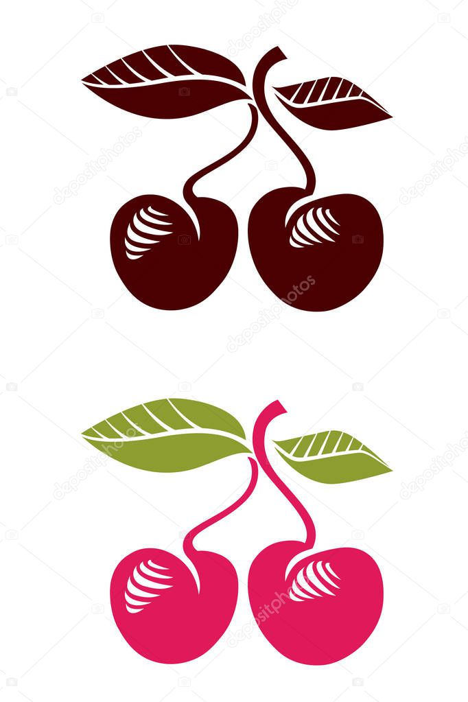 Red cherry fruits with green leaves