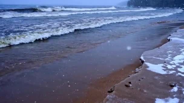 Зимові Хвилі Приходять Пляж — стокове відео