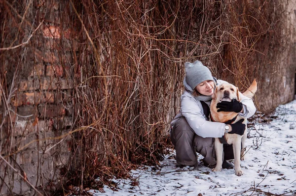 Ragazza Con Labrador Retriever Sullo Sfondo Muro Mattoni — Foto Stock