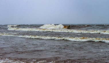 Kar yağışı ve gri gökyüzünün altında bir kış gölü dalgaları