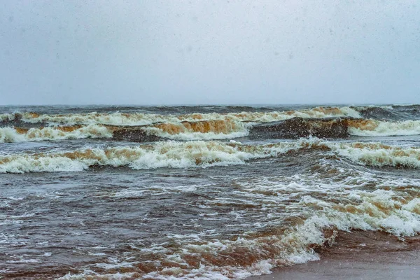 大片大片的冬季海浪 在雪中飘扬着大海的泡沫 — 图库照片