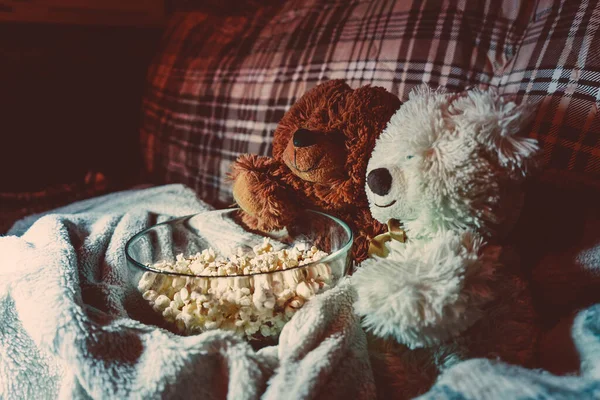 おいしいおもちゃのペアは テレビの前でポップコーンを食べるクマ 友人との夜の映画鑑賞 — ストック写真