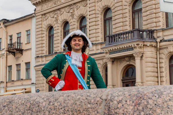 St Petersburg, Russia - May 18, 2017: A street actor playing Peter the Great