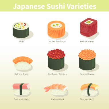 Japon suşi türleri illüstrasyon.