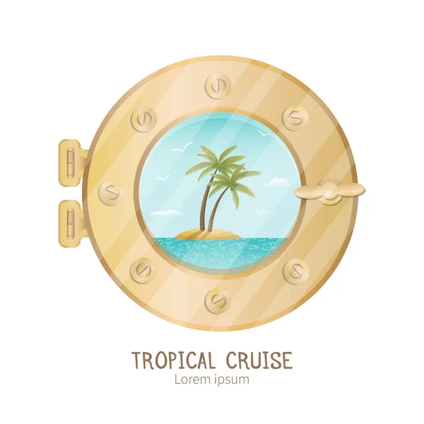 Tropical  island view thru porthole on cruise yacht. — Stock Vector