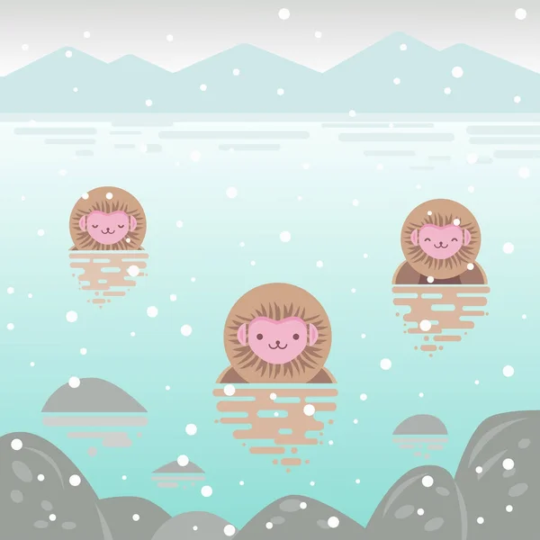Japonca bir kaplıca girer maymunlar kar — Stok Vektör