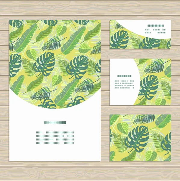 Set of cards on tropical jungle leaves theme. — Stock Vector