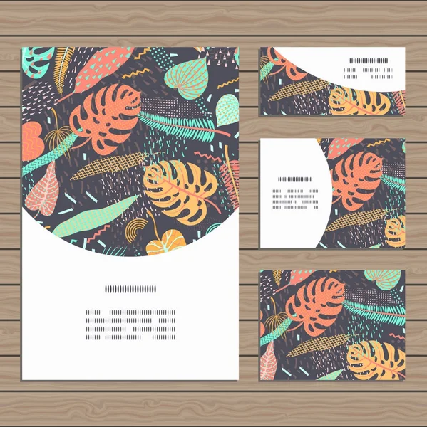 Conjunto de cartas sobre tema de folhas de selva tropical . — Vetor de Stock