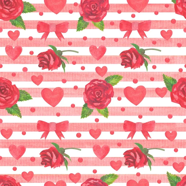 ดอกกุหลาบแดงและหัวใจเป็นรูปแบบที่ไร้เย็บ . — ภาพถ่ายสต็อก