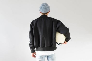 Hipster in black bomber mockup jacket clipart