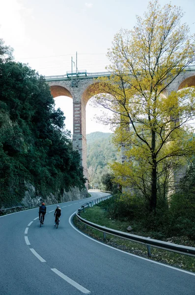 Ζευγάρι ποδηλασίας δρόμου μέσω γέφυρας Royalty Free Φωτογραφίες Αρχείου