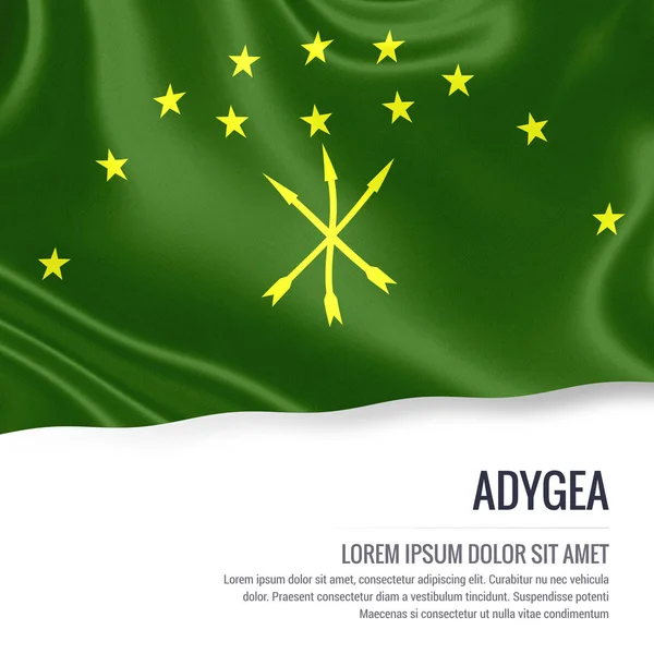 Bandera sedosa de Adygea ondeando sobre un fondo blanco aislado con el área de texto blanco para su mensaje de anuncio. Renderizado 3D . —  Fotos de Stock