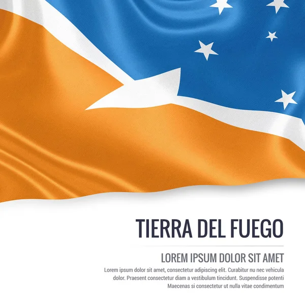Bandiera dello stato argentino Tierra del Fuego sventola su uno sfondo bianco isolato . — Foto Stock