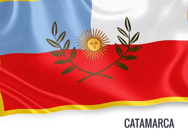 Bandera del estado argentino de Catamarca ondeando sobre un fondo blanco aislado. El nombre del estado se incluye debajo de la bandera. Renderizado 3D . — Foto de Stock