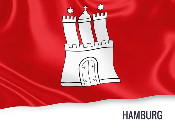 Bandera del estado alemán de Hamburgo ondeando sobre un fondo blanco aislado. El nombre del estado se incluye debajo de la bandera. Renderizado 3D . —  Fotos de Stock