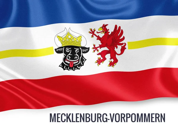 Bandera del Estado alemán Mecklemburgo-Vorpommern ondeando sobre un fondo blanco aislado. El nombre del estado se incluye debajo de la bandera. Renderizado 3D . — Foto de Stock