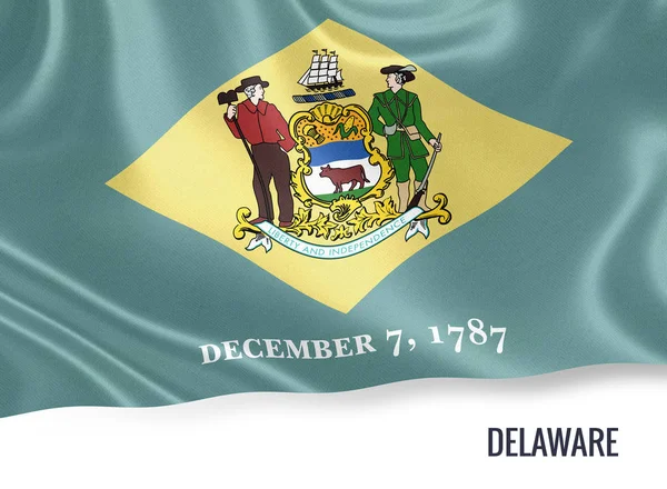Die Flagge des US-Bundesstaates Delaware weht auf einem isolierten weißen Hintergrund. Unter der Flagge befindet sich der Name des Staates. 3D-Darstellung. — Stockfoto