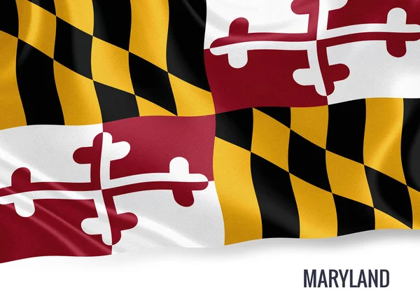 Die Flagge des US-Bundesstaates Maryland weht auf einem isolierten weißen Hintergrund. Unter der Flagge befindet sich der Name des Staates. 3D-Darstellung. — Stockfoto