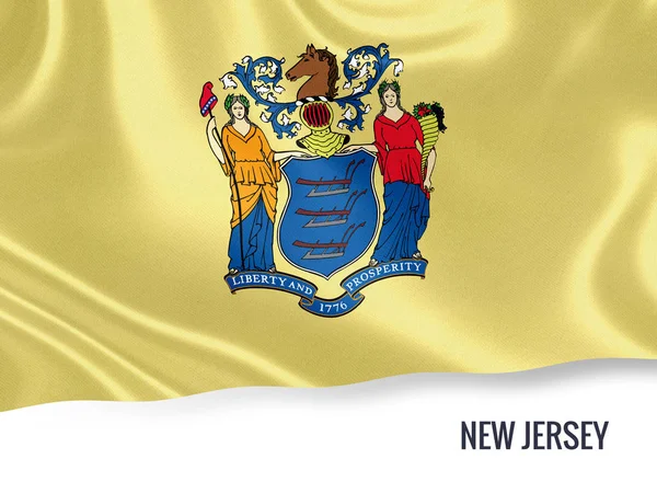 Die Flagge des US-Bundesstaates New Jersey weht auf einem isolierten weißen Hintergrund. Unter der Flagge befindet sich der Name des Staates. 3D-Darstellung. — Stockfoto