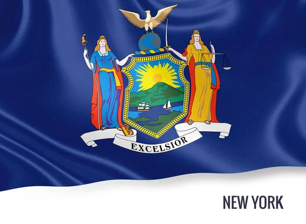 Die Flagge des US-Bundesstaates New York weht auf einem isolierten weißen Hintergrund. Unter der Flagge befindet sich der Name des Staates. 3D-Darstellung. — Stockfoto