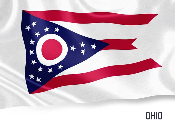 Die Flagge des US-Bundesstaates Ohio weht auf einem isolierten weißen Hintergrund. Unter der Flagge befindet sich der Name des Staates. 3D-Darstellung. — Stockfoto