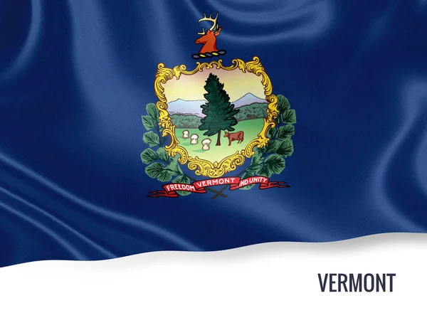 Die Flagge des US-Bundesstaates Vermont weht auf einem isolierten weißen Hintergrund. Unter der Flagge befindet sich der Name des Staates. 3D-Darstellung. — Stockfoto