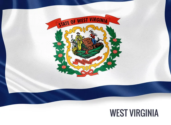 Die Flagge des US-Bundesstaates Westvirginia weht auf einem isolierten weißen Hintergrund. Unter der Flagge befindet sich der Name des Staates. 3D-Darstellung. — Stockfoto