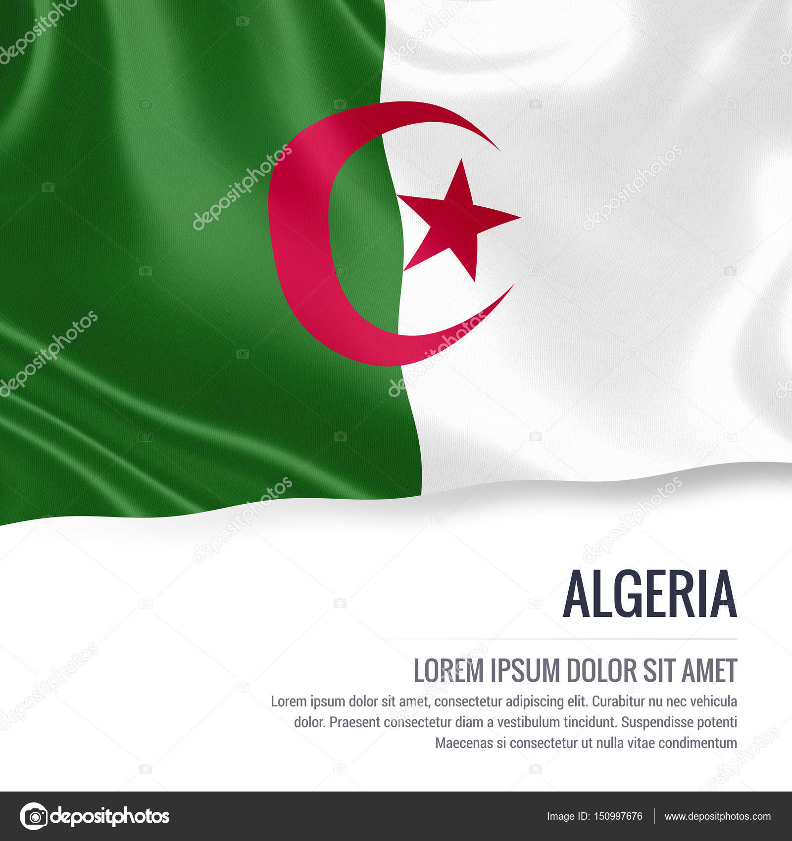 Drapeau Algérie. Drapeau soyeux de l'Algérie agitant sur un fond blanc ...