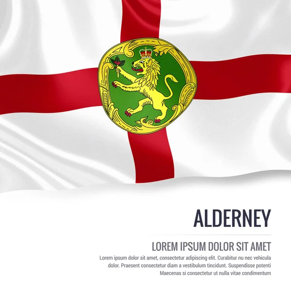 Bandera de Alderney. Bandera sedosa de Alderney ondeando sobre un fondo blanco aislado con el área de texto blanco para su mensaje de anuncio. Renderizado 3D . — Foto de Stock