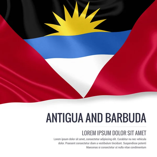 Antigua och Barbuda flagg. Silkeslen flagga Antigua och Barbuda viftande på en isolerad vit bakgrund med vit Textområde för din annons meddelande. 3D-rendering. — Stockfoto