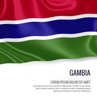 Gambiya bayrak. İzole beyaz arka planda beyaz metin alanının reklam mesaj ile Gambiya sallayarak ipeksi bayrak. 3D render.