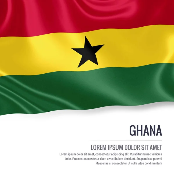 Bandiera del Ghana. Bandiera di seta del Ghana sventola su uno sfondo bianco isolato con l'area di testo bianco per il messaggio di annuncio. Rendering 3D . — Foto Stock
