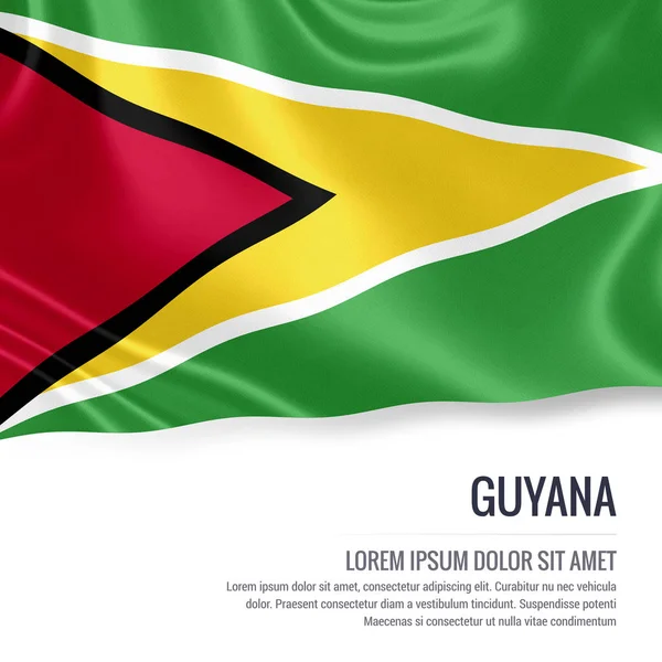 Bandiera della Guyana. Bandiera di seta della Guyana che sventola su uno sfondo bianco isolato con l'area di testo bianca per il messaggio di annuncio. Rendering 3D . — Foto Stock