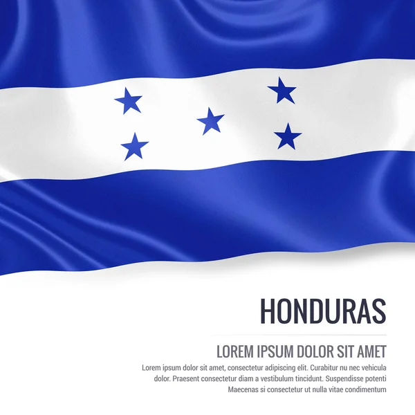 Bandiera Honduras. Bandiera di seta dell'Honduras che sventola su uno sfondo bianco isolato con l'area di testo bianca per il tuo messaggio pubblicitario. Rendering 3D . — Foto Stock
