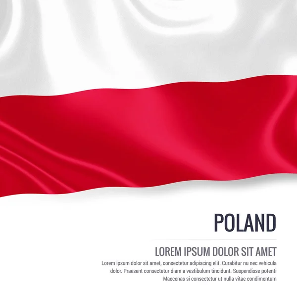 Vlajka Polsko. Hedvábný vlajka Polska mávat na izolované bílém pozadí s bílý text oblast pro zprávy inzerát. 3D vykreslování. — Stock fotografie