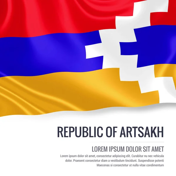 Bandeira da República de Artsakh. Bandeira de seda da República de Artsakh acenando em um fundo branco isolado com a área de texto branco para sua mensagem de anúncio. Renderização 3D . — Fotografia de Stock