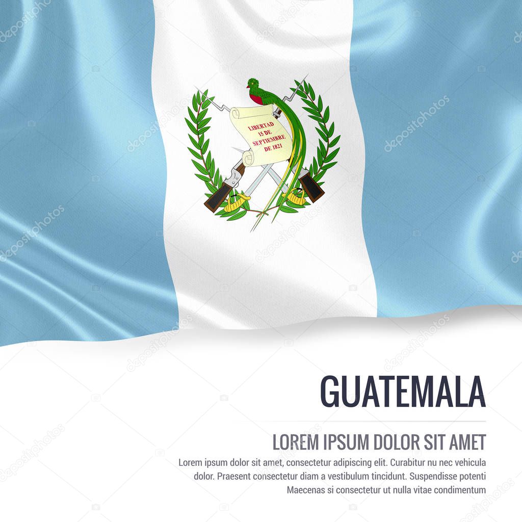 Guatemala flag. Silky flag of Guatemala waving on an isolated white background with the white text area for your advert message. 3D rendering.