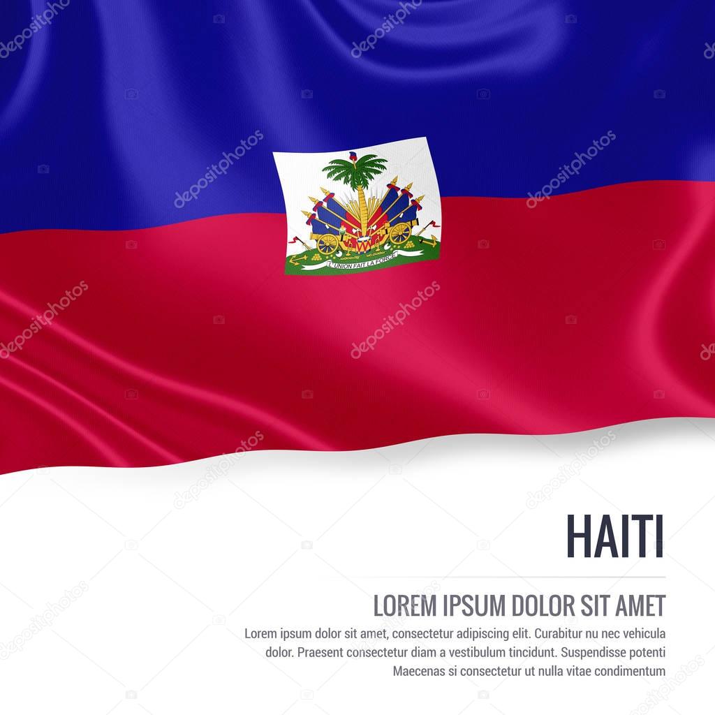 Haiti flag. Silky flag of Haiti waving on an isolated white background with the white text area for your advert message. 3D rendering.