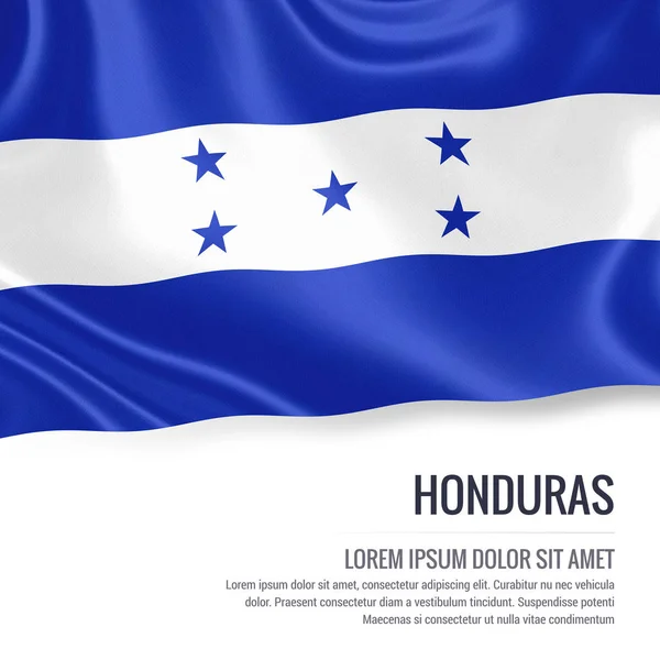 Bandeira de Honduras. Bandeira de seda de Honduras acenando em um fundo branco isolado com a área de texto branco para sua mensagem de anúncio. Renderização 3D . — Fotografia de Stock