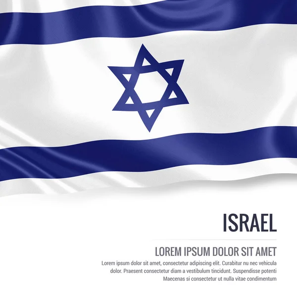 Bandera de Israel. Bandera sedosa de Israel ondeando sobre un fondo blanco aislado con el área de texto blanco para su mensaje de anuncio. Renderizado 3D . — Foto de Stock