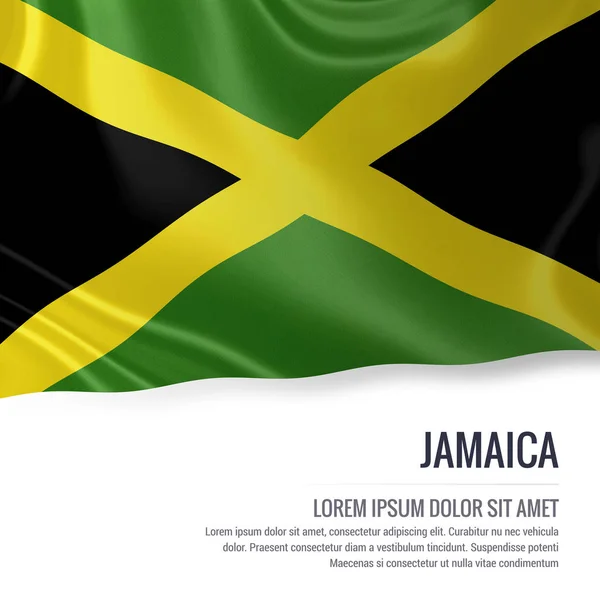 Jamaica-Flagge. seidene jamaikanische Flagge, die auf einem isolierten weißen Hintergrund mit der weißen Textfläche für Ihre Werbebotschaft weht. 3D-Darstellung. — Stockfoto