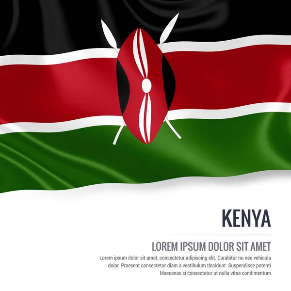 Bandiera Kenya. Bandiera di seta del Kenya sventola su uno sfondo bianco isolato con l'area di testo bianco per il tuo messaggio pubblicitario. Rendering 3D . — Foto Stock