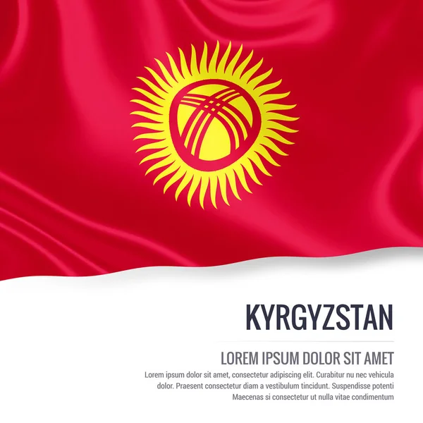 Bandeira do Quirguizistão. Bandeira sedosa do Quirguistão acenando em um fundo branco isolado com a área de texto branco para sua mensagem de anúncio. Renderização 3D . — Fotografia de Stock