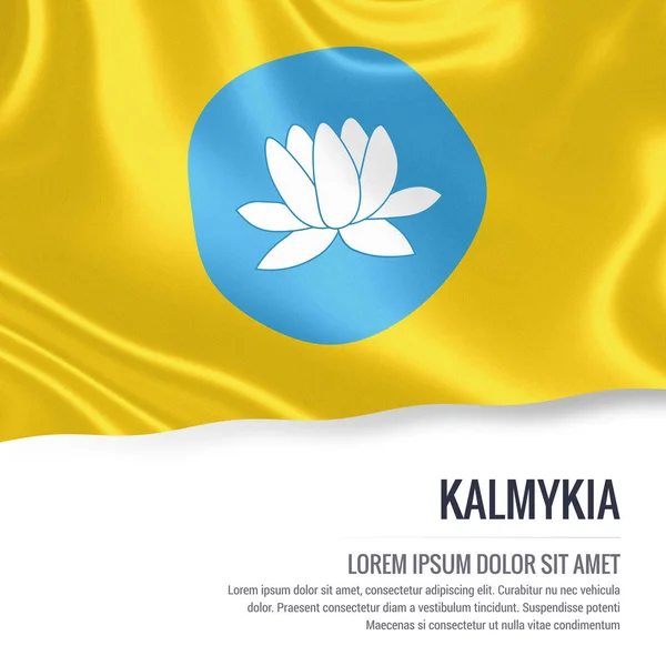 Bandera Kalmykia. Bandera sedosa de Kalmykia ondeando sobre un fondo blanco aislado con el área de texto blanco para su mensaje de anuncio. Renderizado 3D . —  Fotos de Stock