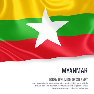 Myanmar bayrağı. İzole beyaz arka planda beyaz metin alanının reklam mesaj ile Myanmar sallayarak ipeksi bayrak. 3D render.