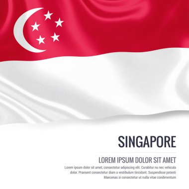 Singapur bayrağı. İzole beyaz arka planda beyaz metin alanının reklam mesaj ile Singapur sallayarak ipeksi bayrak. 3D render.