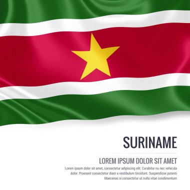 Surinam bayrak. Surinam izole beyaz arka planda beyaz metin alanının reklam mesaj ile sallayarak ipeksi bayrak. 3D render.