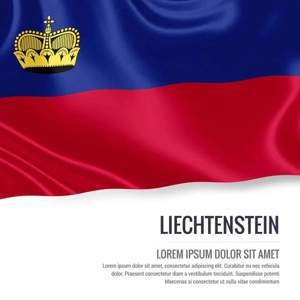 Bandera de Liechtenstein. Bandera sedosa de Liechtenstein ondeando sobre un fondo blanco aislado con el área de texto blanco para su mensaje de anuncio. Renderizado 3D . —  Fotos de Stock