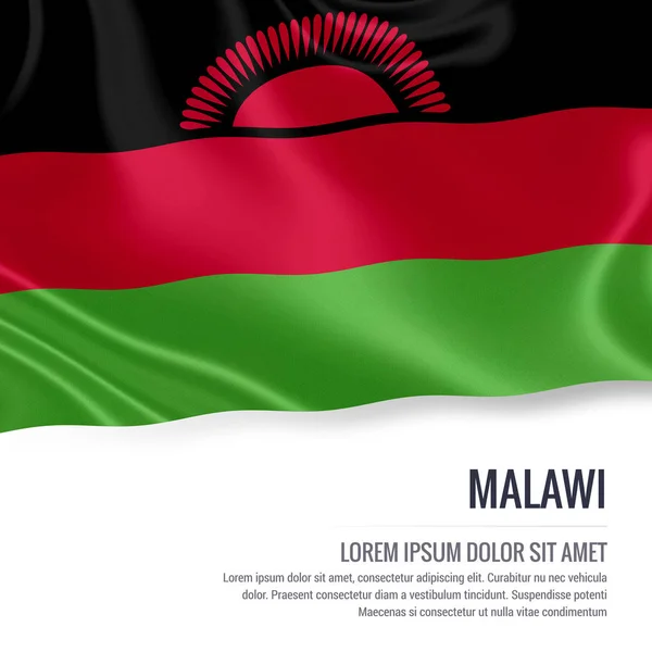 Bandiera del Malawi. Bandiera di seta del Malawi sventola su uno sfondo bianco isolato con l'area di testo bianco per il messaggio di annuncio. Rendering 3D . — Foto Stock